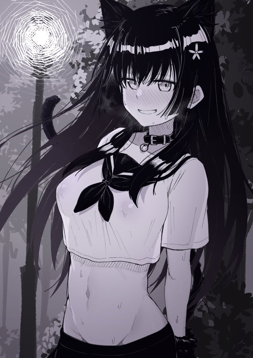 1girls bell_collar big_breasts black_and_white black_hair blush blush_lines blushed blushed_face blushes blushing blushing_at_viewer busty cat_ears cat_tail catgirl collar covered_nipples eye eye_open eyes eyes_opened flower flower_in_hair hair irokohaku large_breasts long_hair long_hair_female looking_at_viewer midriff navel open_eyes saten_ruiko school_uniform schoolgirl see-through sensual smile smiley_face smiling smiling_at_viewer sweat teenage_girl teenager to_aru_kagaku_no_railgun to_aru_majutsu_no_index toned