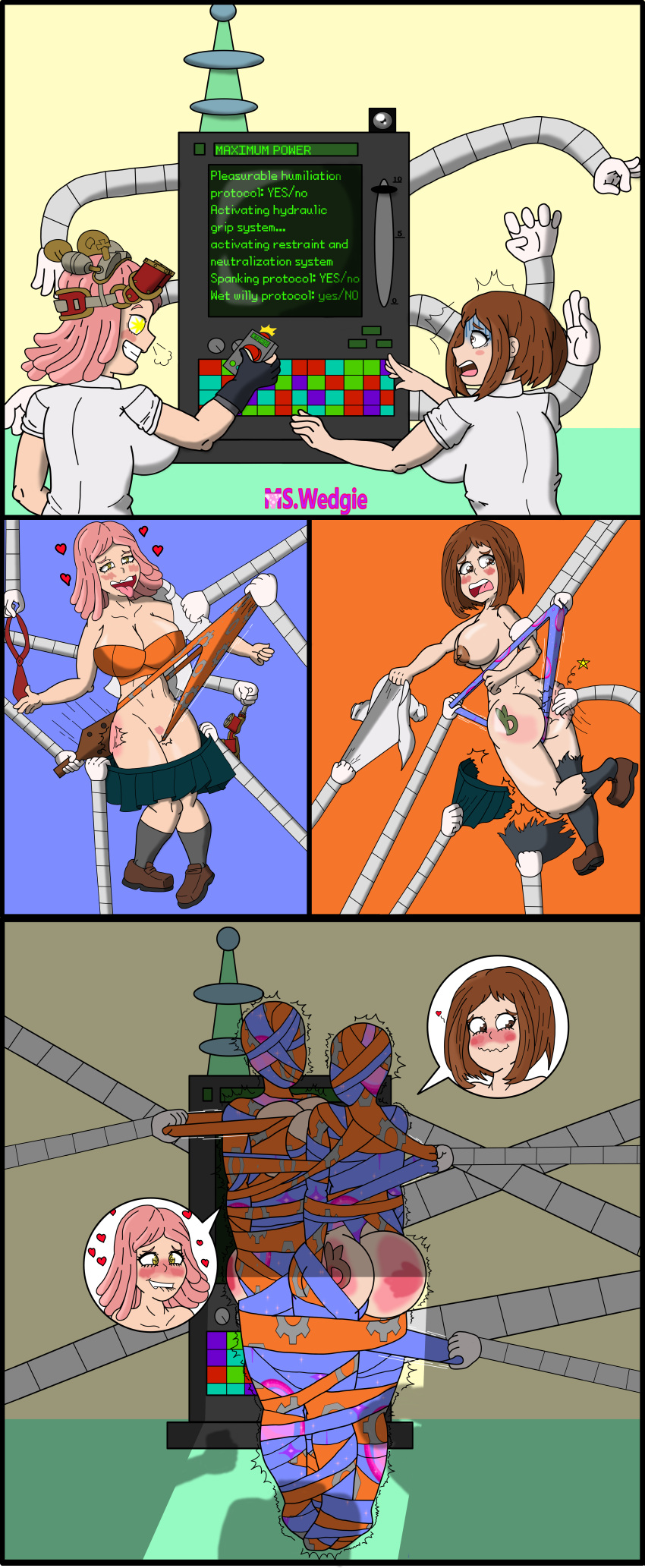 2girls big_ass big_breasts bondage brown_eyes brown_hair brown_nipples comic fetish forced_nudity frontal_wedgie full_body_bondage hatsume_mei inverted_nipples machine mei_hatsume mswedgie123 multiple_girls mummy_wrappings my_hero_academia no_dialogue no_sex ochako_uraraka pink_hair restrained robotic_arm robotic_hands undressed undressing uraraka_ochako wedgie wedgie_spanking wrapped_around_another yellow_eyes