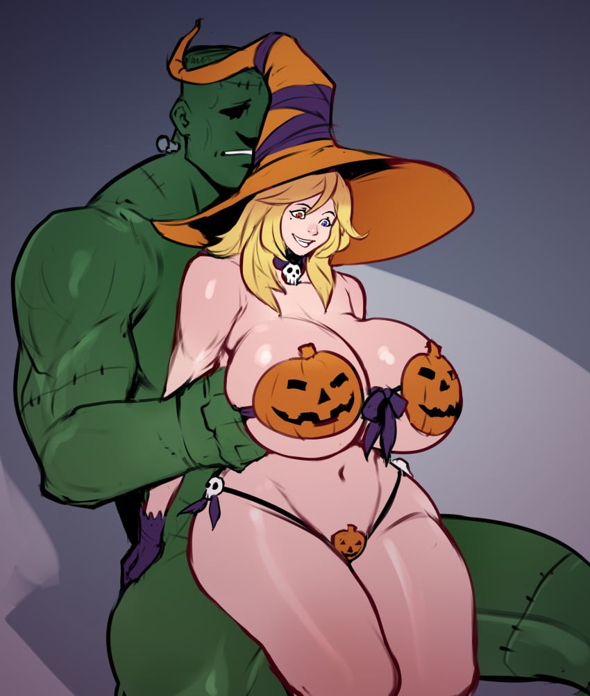 1boy 1girls big_breasts bikini blonde_hair blue_eyes female frankenstein's_monster green-skinned_male green_skin gwendolyn_(cliffpadfoot) halloween heterochromia huge_breasts izra joints light-skinned_female light_skin male mole mole_under_eye monster nude nude_male pumpkin_bikini red_eyes sitting sitting_on_lap smile very_high_resolution witch_hat