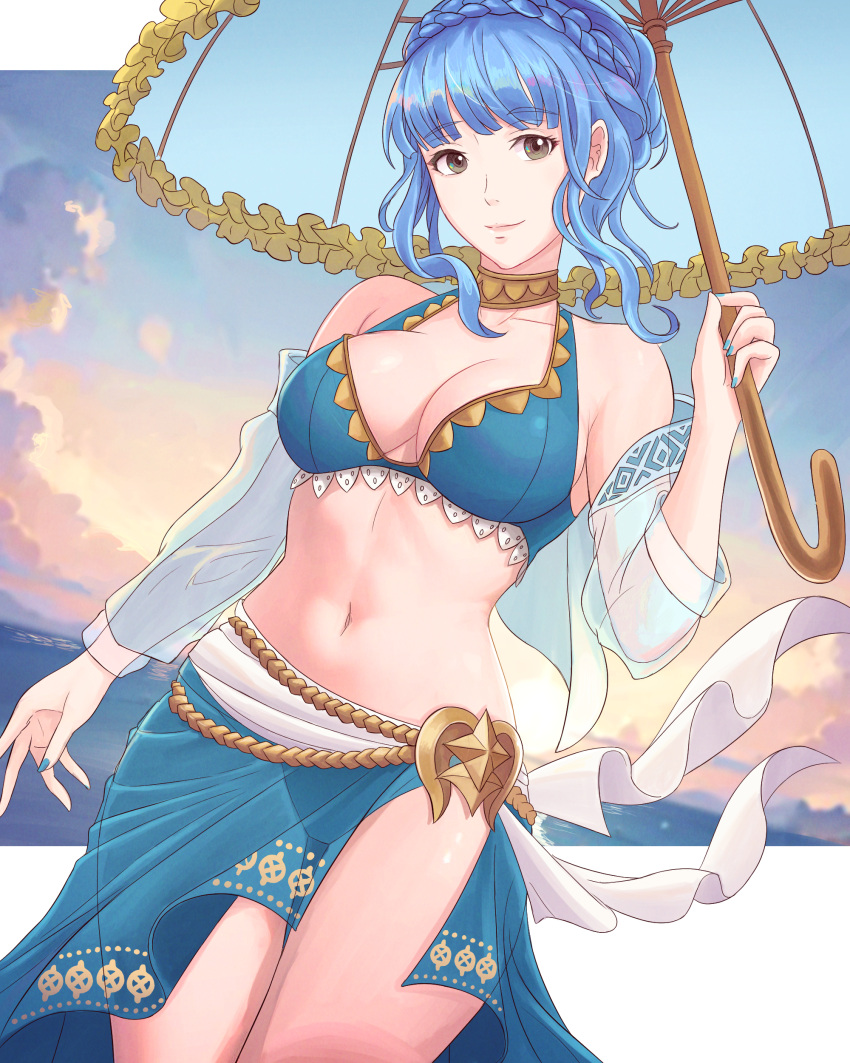 1girls absurdres alternate_costume bikini blue_bikini blue_hair blue_nails blue_sarong blue_swimsuit braid breasts brown_eyes cleavage closed_mouth cloud commission cowboy_shot crown_braid detached_sleeves female female_only fire_emblem fire_emblem:_three_houses fire_emblem_heroes highres holding holding_umbrella light_smile looking_at_viewer marianne_von_edmund marianne_von_edmund_(summer) medium_breasts navel nintendo ocean official_alternate_costume parasol sarong see-through see-through_sleeves sky solo stomach swimsuit truejekart umbrella