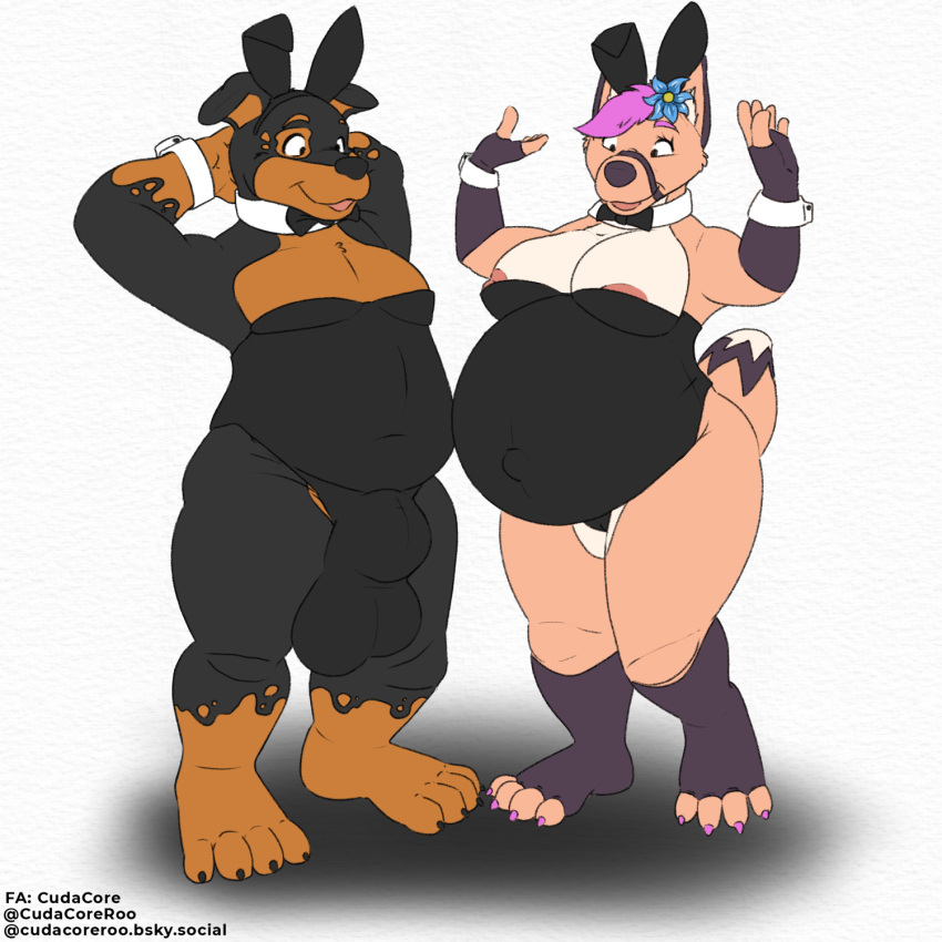 anthro belly big_belly breasts bulge canid canine canis clothing costume cudacore domestic_dog feet female fox furry hi_res hyper male mammal mastiff molosser nipples paint paws playboy_costume pregnant rottweiler slightly_chubby toes ziku_(character)