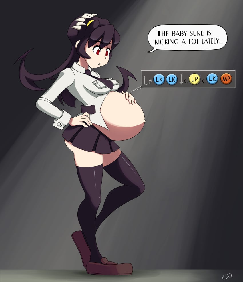 1girls big_belly cg3p disproportional english_text female female_only filia_(skullgirls) hyper_belly pregnant ready_to_pop skullgirls solo solo_female text