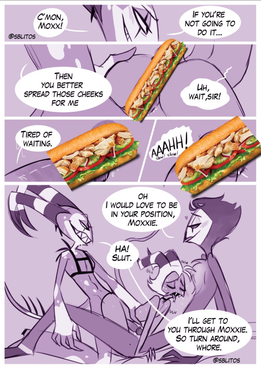 anal anal_insertion anal_sex blitzo_(helluva_boss) censored censored_penis dialogue gay gay_sex gay_threesome helluva_boss male_only moxxie_(helluva_boss) page_2 sandwich sblitos stolas_(helluva_boss) subway_(franchise) subway_eat_fresh_(meme) threesome