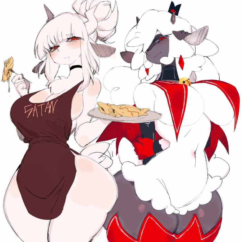 2girls anthro apron apron_only bell bell_collar big_breasts black_body black_skin caprine choker cleavage cult_of_the_lamb ewe female female_only fluffy goat goat_horns goat_lucifer_(helltaker) goat_lucifer_(helltaker)helltaker helltaker horns lamb lamb_(cult_of_the_lamb) large_breasts looking_at_viewer lucifer_(helltaker) navel red_eyes sheep tail thick_thighs thighs usa37107692 white_body white_fur white_hair white_skin wide_hips