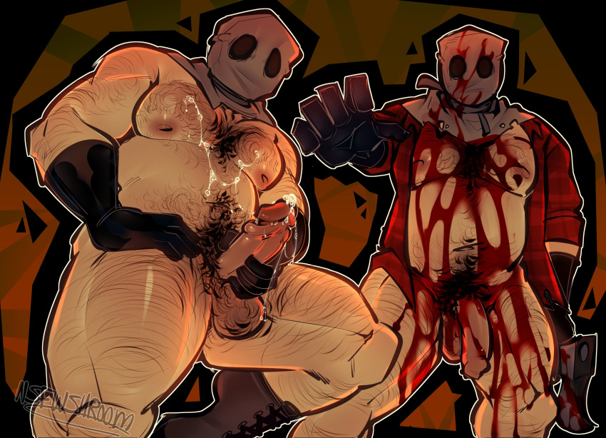 bara bara_tits bileshroom blood blood_stain chubby_male cumshot fanart flaccid_penis gloves gore guro hi_res horror horror_(theme) jerkingoff male male_only masked_male masturbation night_shift_abductor nightmare_husbando puppet_combo semi-erect solo solo_male stay_out_of_the_house tagme the_butcher_(character)