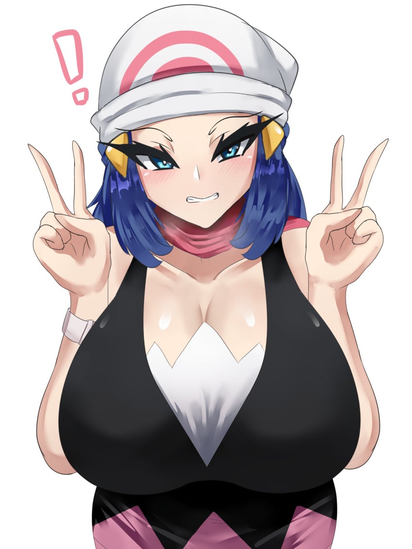 1girls alternate_breast_size blue_eyes blue_hair breasts clothed dawn_(pokemon) eye_fetish female hay hi_res huge_breasts light-skinned_female light_skin long_hair naughty_face nintendo peace_sign pokemon pokemon_dppt sana!rpg