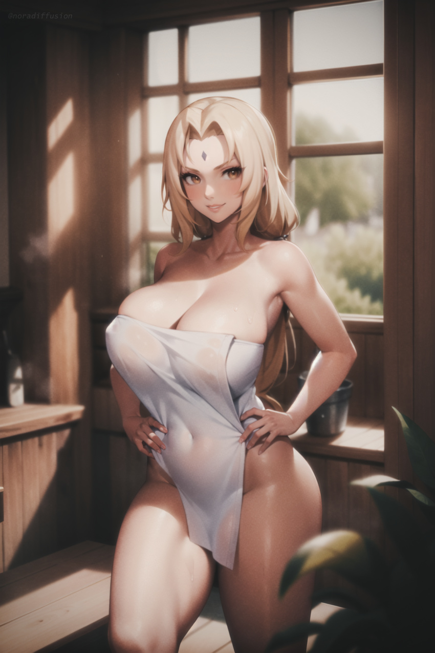 1girls acl_noraai ai_generated blonde_hair breasts brown_eyes bucket cleavage facial_mark forehead_jewel forehead_mark hands_on_hips high_resolution huge_breasts large_breasts large_filesize looking_at_viewer mommy nai_diffusion naruto naruto_(series) naruto_shippuden plant sauna stable_diffusion standing steam thick_thighs thighs towel tsunade very_high_resolution watermark wet wooden_floor wooden_wall yellow_eyes