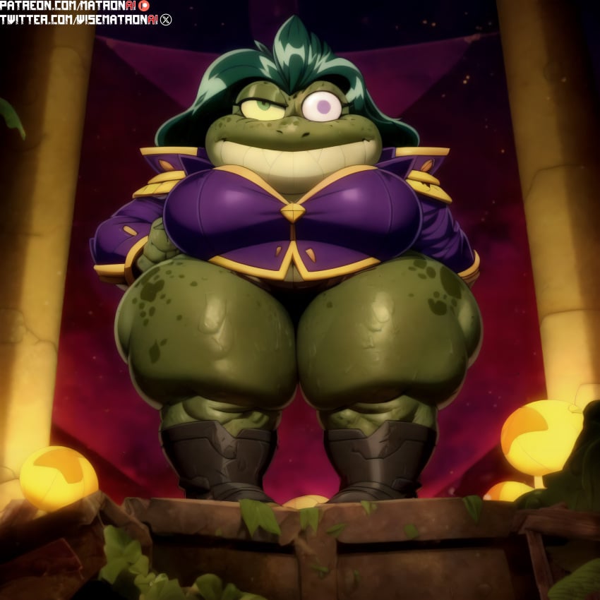 4k ai_generated amphibia amphibian anthro anthro_only bbw big_breasts captain_beatrix clothing disney disney_channel fat_fetish female female_only highres matronai_(artist) mature mature_female obese obese_female patreon patreon_username pinup scar ssbbw stable_diffusion thick_legs thick_thighs toad twitter_username wide_hips