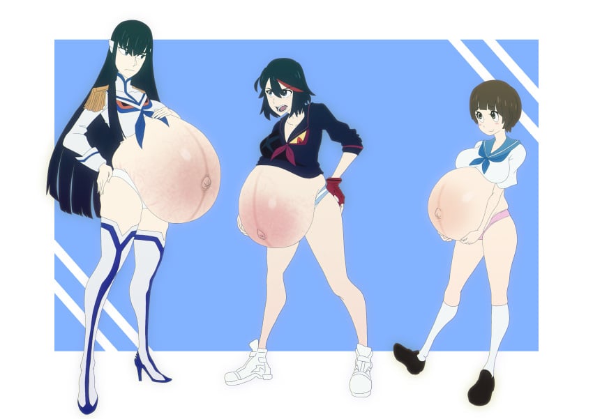 3girls big_belly clone66 disproportional female hyper_belly junketsu kill_la_kill kiryuuin_satsuki mankanshoku_mako matoi_ryuuko multiple_girls multiple_pregnancies pregnant ready_to_pop senketsu sisters torpedo_belly