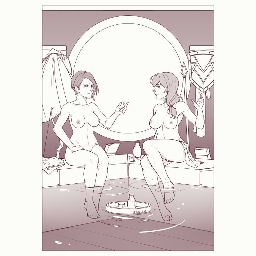 2girls armpits bare_legs book bottle bow_(weapon) breasts completely_nude female fire_emblem fire_emblem:_three_houses glass hair_over_shoulder jacket legs leonie_pinelli looking_at_another medium_breasts medium_hair monochrome multiple_girls nintendo nipples nude nude_female onsen open_mouth partially_submerged petransfw plate pussy shamir_nevrand shield short_hair side_ponytail sitting spear talking water weapon