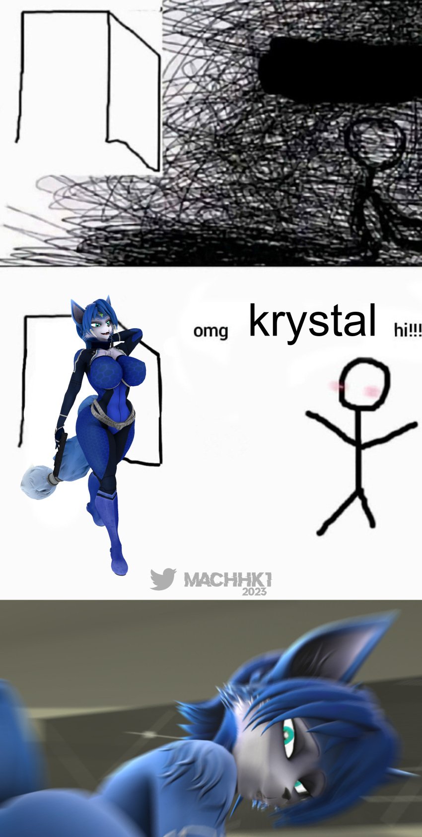 anthro blush butt female_fox fox_girl furry hi_res krystal looking_at_viewer looking_pleasured machhk1 meme omg_hi! star_fox