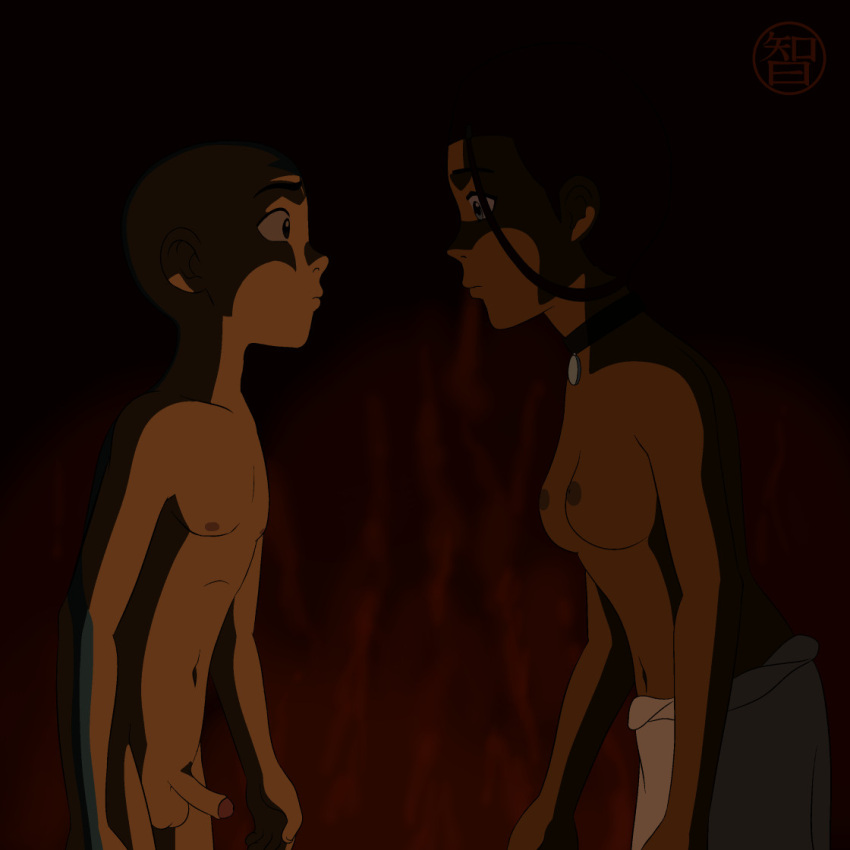 1boy 1girls aang air_nomad airbender_tattoo avatar_legends avatar_the_last_airbender breasts casual coldfusion dark_skin female human katara male nickelodeon nipples nude_filter pale_skin penis screenshot_edit the_avatar water_tribe