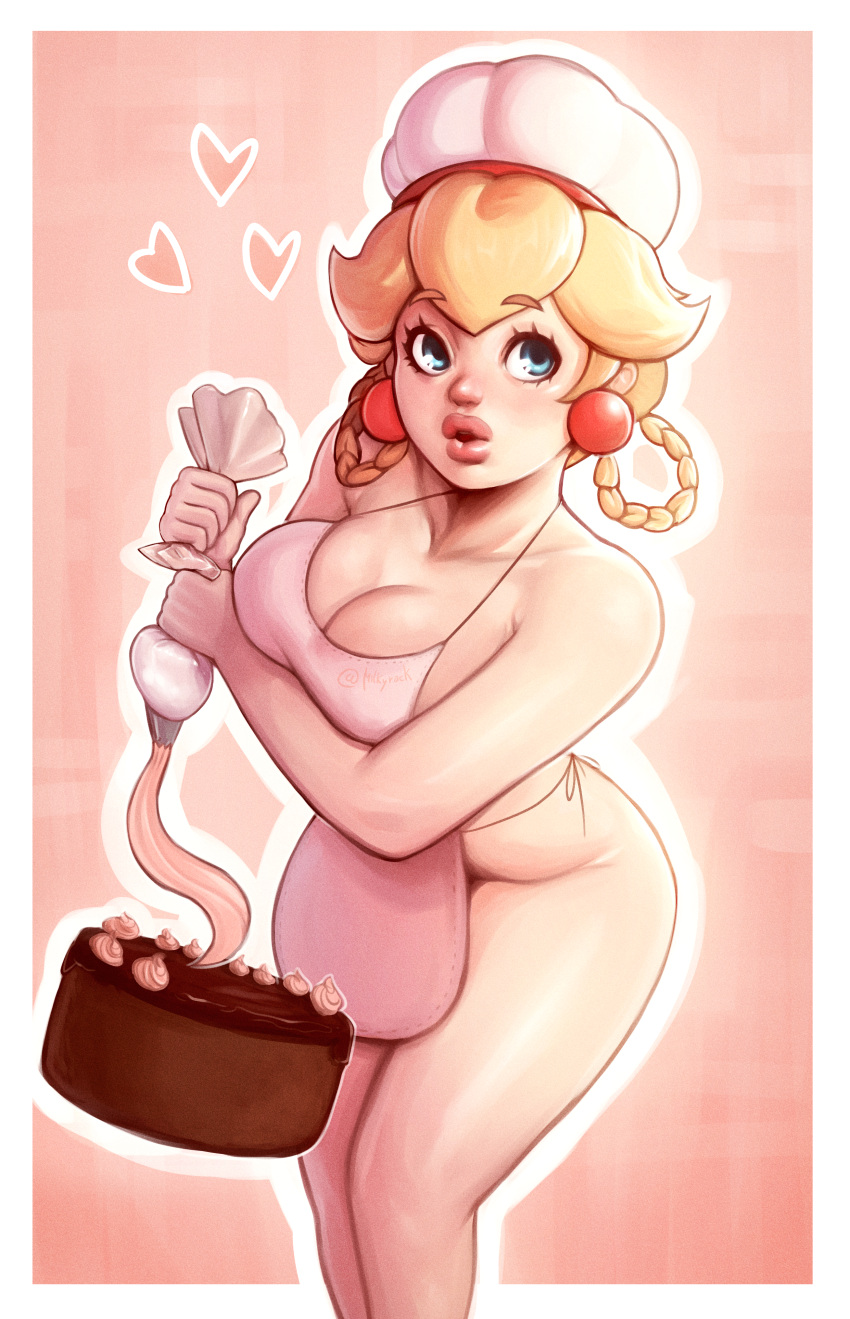 1girls apron apron_only big_breasts big_lips blonde_hair blue_eyes breasts cake cleavage dick_sucking_lips ear_piercing earrings female female_only food hair hat headwear hips huge_breasts lips mario_(series) milkyrack naked_apron nintendo patissiere_peach pink_apron princess_peach princess_peach:_showtime! solo solo_female thick_lips thighs