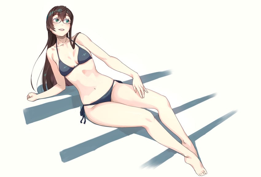 1girls alternate_costume bare_arms bare_legs bare_shoulders barefoot bikini black_bikini black_hair blush breasts collarbone female full_body glasses green_eyes hairband halterneck highres kantai_collection long_hair navel ooyodo_(kantai_collection) parted_lips semi-rimless_eyewear side-tie_bikini_bottom simple_background sitting small_breasts smile solo string_bikini swimsuit toes under-rim_eyewear white_background yuuji_(and)