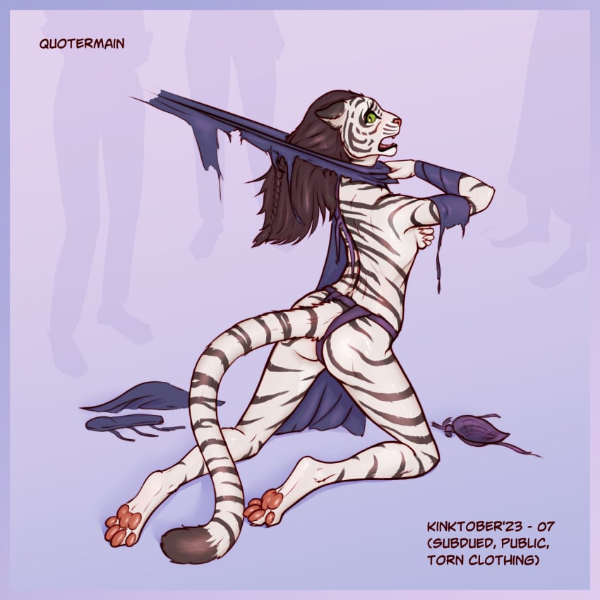 anthro barefoot bethesda_softworks biped breasts clothing feet felid feline female fur green_eyes hi_res khajiit mammal public quotermain striped_body striped_fur stripes submissive submissive_anthro submissive_female the_elder_scrolls torn_clothing