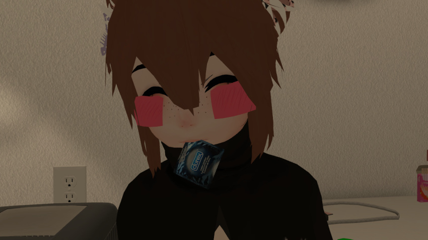 blush condom condom_in_mouth femboy femboyiguess goth self_upload vrchat wrapped_condom