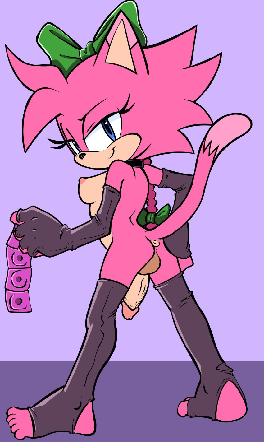 anthro anus back back_view balls bedroom_eyes braided_ponytail breasts collar colored condom condom_wrapper dickgirl fan_character feet fingerless_gloves furry futanari gloves hair_ribbon line_art long_gloves looking_back original_character penis pink_fur randomguy999 smile solo sonic_(series) standing tail thighhighs