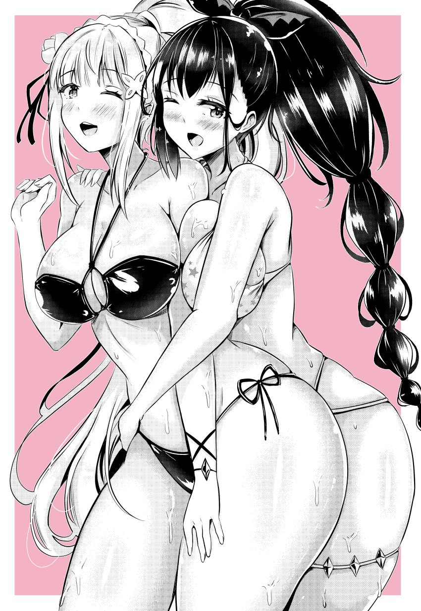 2girls ayannon_yumme big_ass black_and_white blush breast_press breasts cleavage elf elf_ears elf_female elf_girl emilia_(re:zero) female/female female_focus female_only half_naked hips hug_from_behind re:zero_kara_hajimeru_isekai_seikatsu scorpion_girl shaula_(re:zero) sweatdrop thick_thighs wet