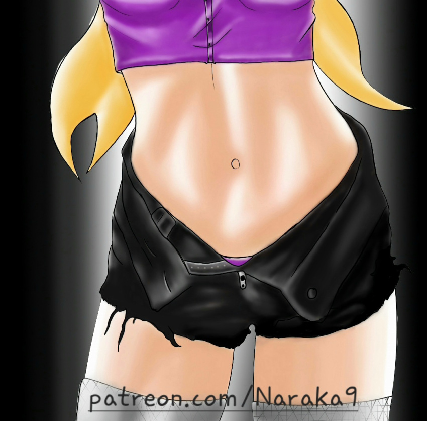 1girls athletic_female female female_only human ino_yamanaka leg_wear naraka9 naruto naruto_(series) purple_top shiny_skin short_shorts solo yellow_hair