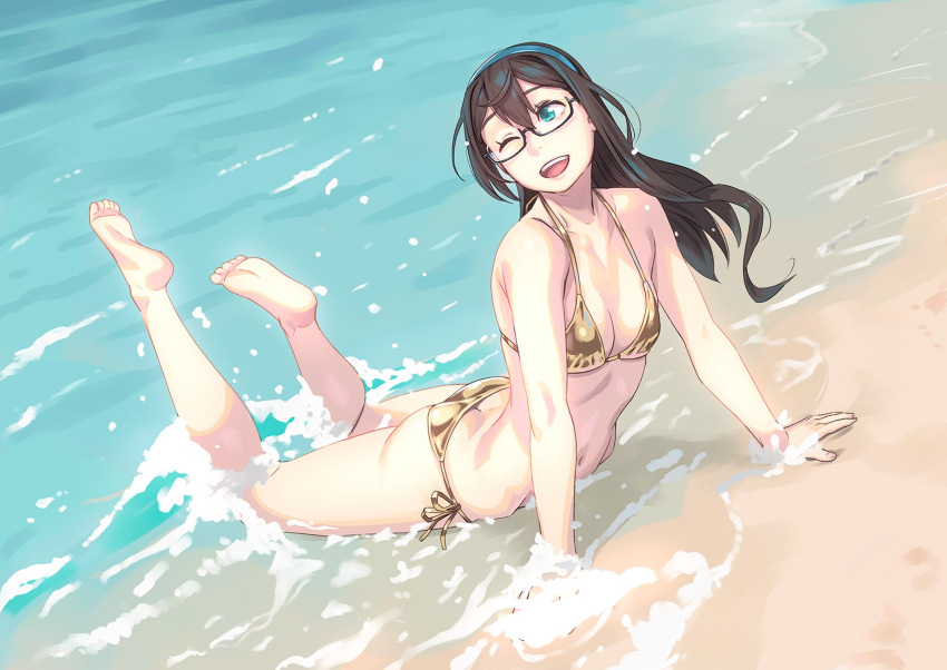 1girls alternate_costume aqua_eyes aqua_hairband ass bare_arms bare_legs bare_shoulders barefoot beach bikini black-framed_eyewear black_hair breasts day feet female full_body glasses gold_bikini hair_between_eyes hairband halterneck highres kantai_collection long_hair navel one_eye_closed ooyodo_(kantai_collection) open_mouth outdoors partially_submerged sand semi-rimless_eyewear side-tie_bikini_bottom small_breasts smile soles solo string_bikini swimsuit under-rim_eyewear water wet yuuji_(and)