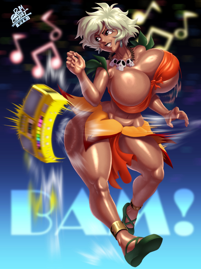 1girls big_ass bikini blonde_hair boombox bouncing_breasts breasts breasts_bigger_than_head brown-skinned_female brown_skin brown_skinned_female busty clothed clothed_female clothing curvy dancing dark-skinned_female dark_skin dark_skinned_female earrings female female_only goddess gold_boombox_(prevence) hanging_breasts hip_check huge_breasts jungle_de_ikou leaf loincloth mii_(jungle_de_ikou) necklace orange_top orange_topwear pelvic_curtain pltnm06ghost pltnmghost shoooohhhh short_hair skirt skull_necklace sloshing_breasts solo thick_thighs tribal voluptuous wide_hips