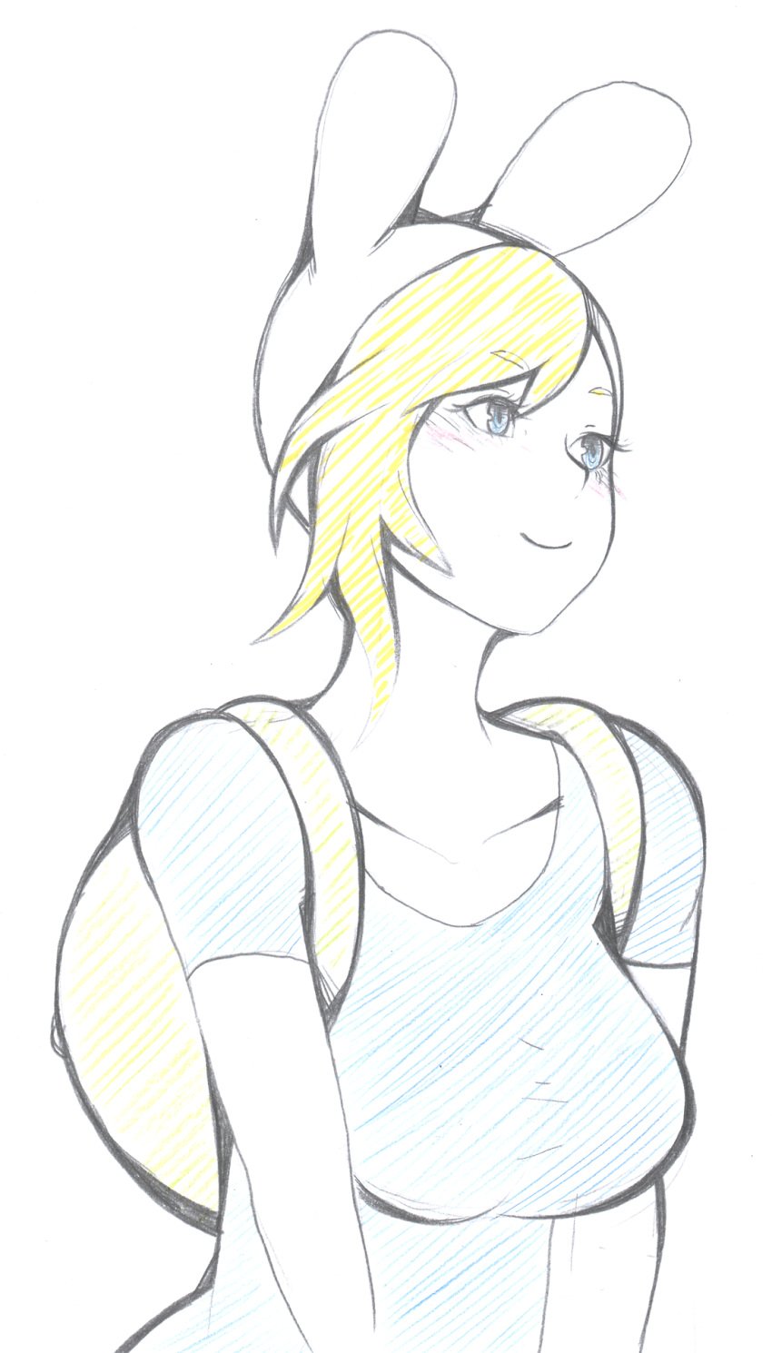 1girls 2010s adventure_time alternate_outfit backpack bag big_breasts blush cartoon_network cleavage eyebrows_visible_through_hair fionna_the_human_girl hat long_hair shirt sketch solo solo_female solo_focus standing tabletorgy