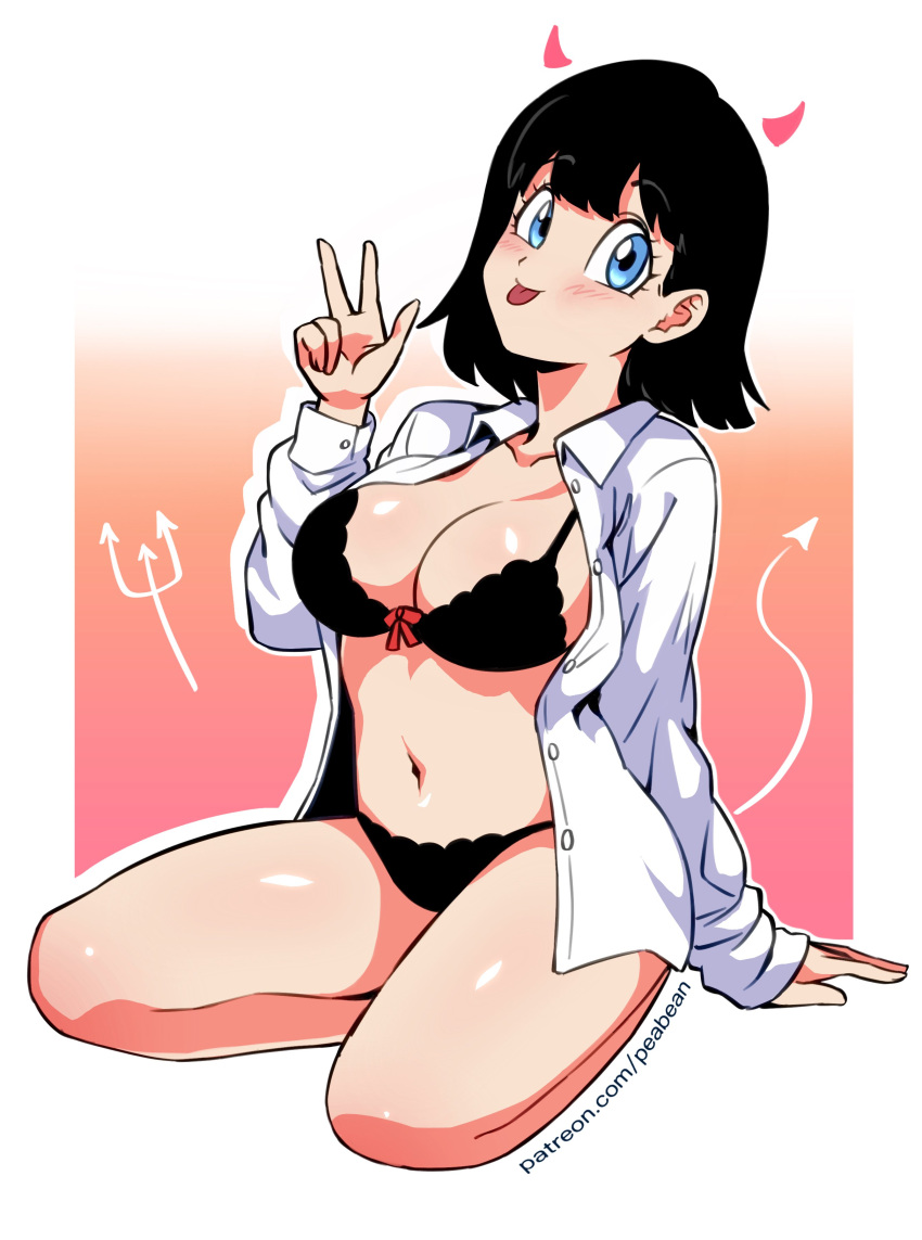 1girls belly_button black_hair blue_eyes blush breasts devil_horns devil_tail dragon_ball dragon_ball_super female female_focus female_only light-skinned_female light_skin lingerie medium_breasts navel pale-skinned_female pale_skin peabean peace_sign solo solo_female tagme thick_thighs thighs tongue tongue_out underwear v videl videl_(dragon_ball_super)