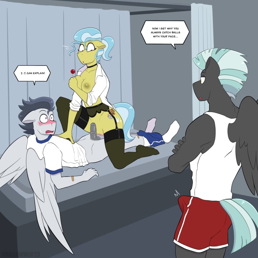 1:1 anthro anthrofied blood blush bodily_fluids breasts bulge caught caught_in_the_act dialogue doctor_fauna_(mlp) english_text equid equine female friendship_is_magic genitals hair hasbro hi_res male male/female mammal medial_ring my_little_pony nipples nosebleed nurse pegasus penis ponytail pussy rumble_(mlp) sex shallowwin text thunderlane_(mlp) wings