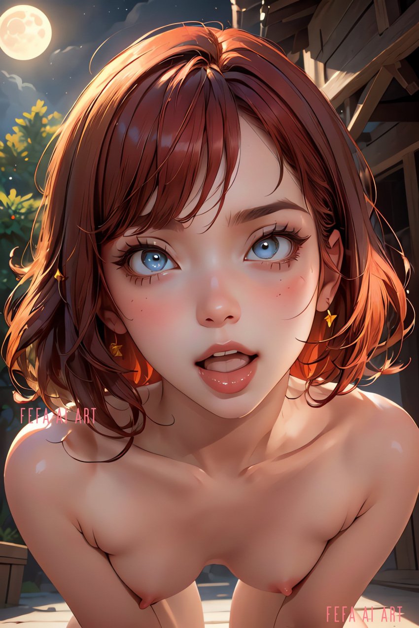 1girls ai_generated blue_eyes blush fefa_ai_art fefaaiart female looking_at_viewer moonlight nipples open_mouth red_hair short_hair small_breasts stable_diffusion