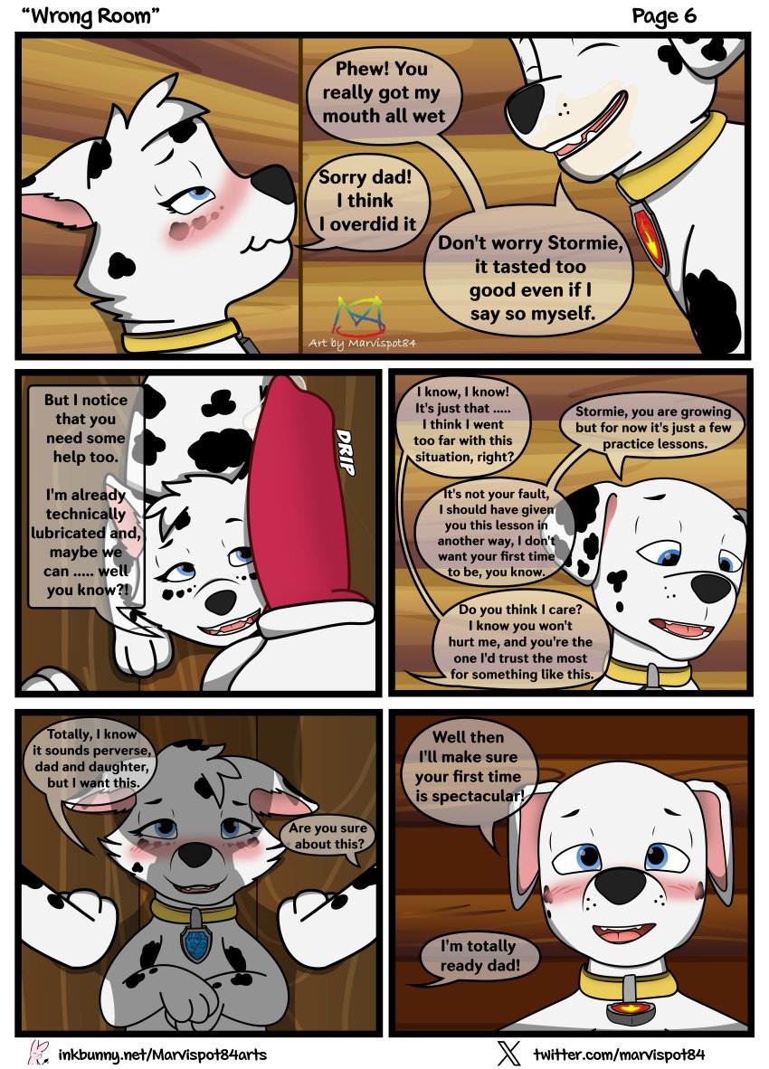 absurd_res animal_genitalia animal_penis balls blue_eyes blush blush_lines bodily_fluids canid canine canine_genitalia canine_penis canis cel_shading comic cum cum_on_face dalmatian dalsky_(dalmatian_and_husky) daughter domestic_dog duo english_text erection father father_and_child father_and_daughter female feral fur genital_fluids genitals hi_res husky_dog incest inkbunny_username male male/female mammal marshall_(paw_patrol) marvispot84 nickelodeon page_6 parent parent_and_child parent_and_daughter paw_patrol penis precum shaded speech_bubble spots spotted_body spotted_fur stormie_(marvispot84) teenager text young