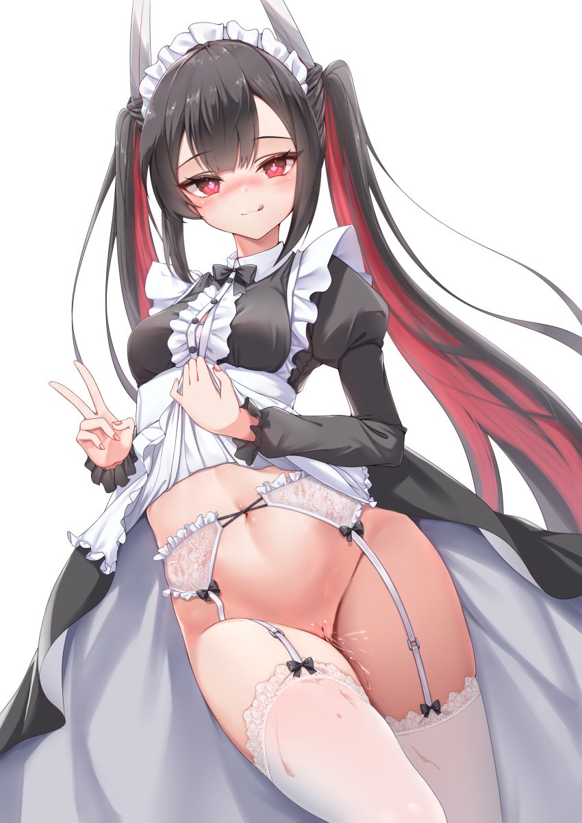 1girls alternate_version_available azur_lane black_hair blush cleft_of_venus female female_only garter_straps hair_between_eyes hatsuzuki_(azur_lane) heart-shaped_pupils light-skinned_female light_skin maid maid_headdress maid_uniform navel peace_sign pussy pussy_juice pussy_juice_drip qian_hen red_eyes sakura_empire_(azur_lane) solo tagme tongue tongue_out twintails white_legwear