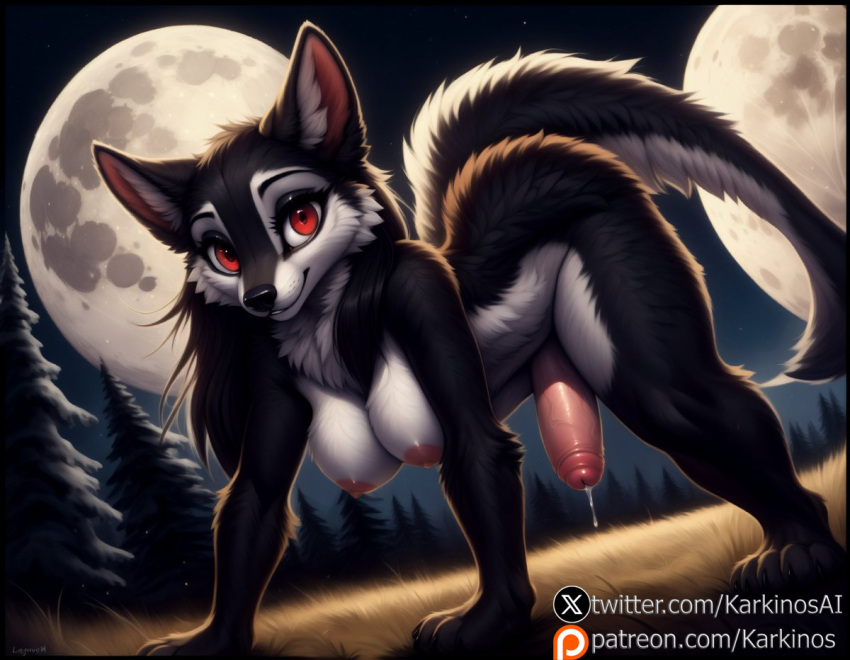 ai_generated anthro balls big_penis black_hair black_nose futa_only futanari karkinosai moon multicolored_body on_all_fours patreon patreon_username penis penis_out red_eyes snout tagme twitter twitter_username wolf wolf_ears wolf_girl wolf_tail