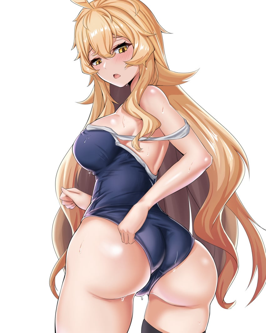 absurdres adjusting_clothes adjusting_swimsuit ahoge alternate_costume ass bare_shoulders blonde_hair blush breasts counter:side edith_twins female highres large_breasts long_hair looking_at_viewer looking_back oerba_yun_fang one-piece_swimsuit open_mouth royalmonkey solo swimsuit transparent_background yellow_eyes