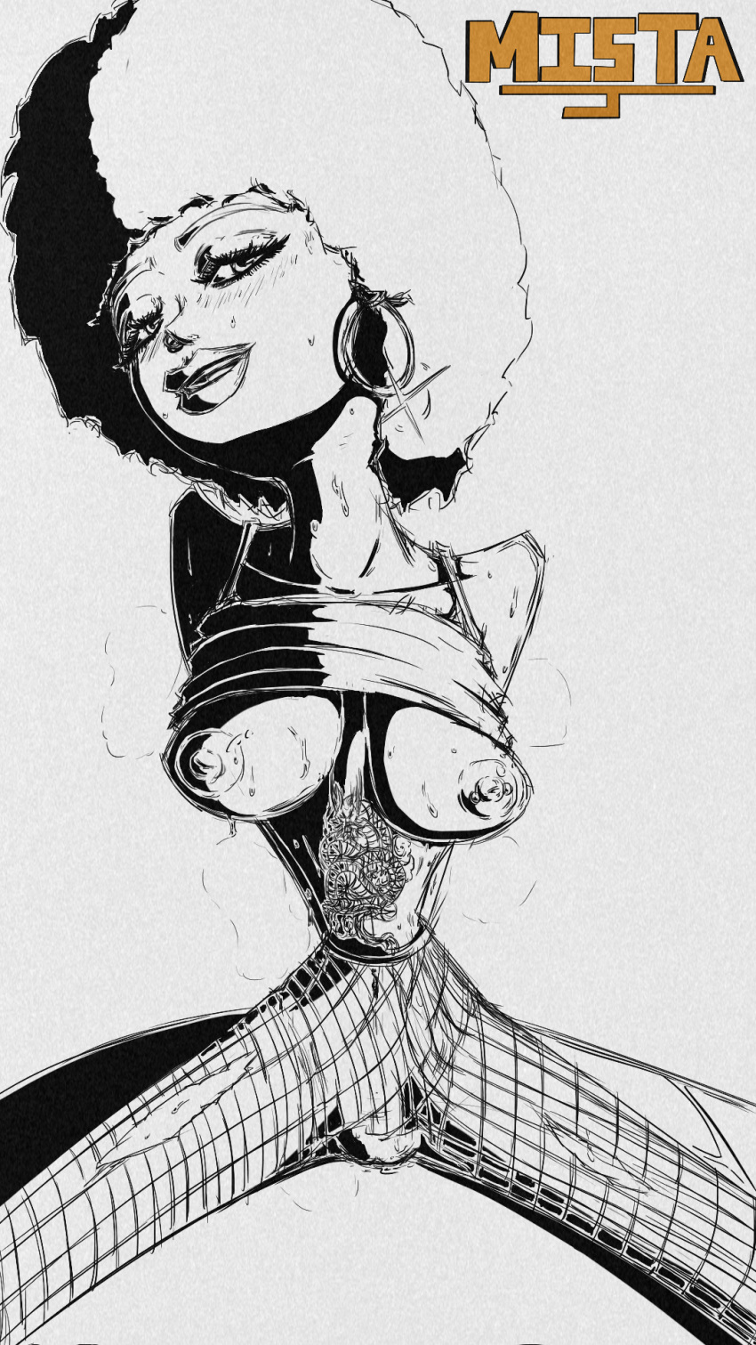 afro bedroom_eyes big_lips black_and_white blush breasts earrings eye_laashes fanart fanart_from_twitter fishnets hoop_earrings mistajaay nipple_piercing nipples nose_ring petite pussy pussy_juice sketch sketch_page slim slim_waist slime_girl sweat sweatdrop sweating tattoo tits_out vest vest_lift