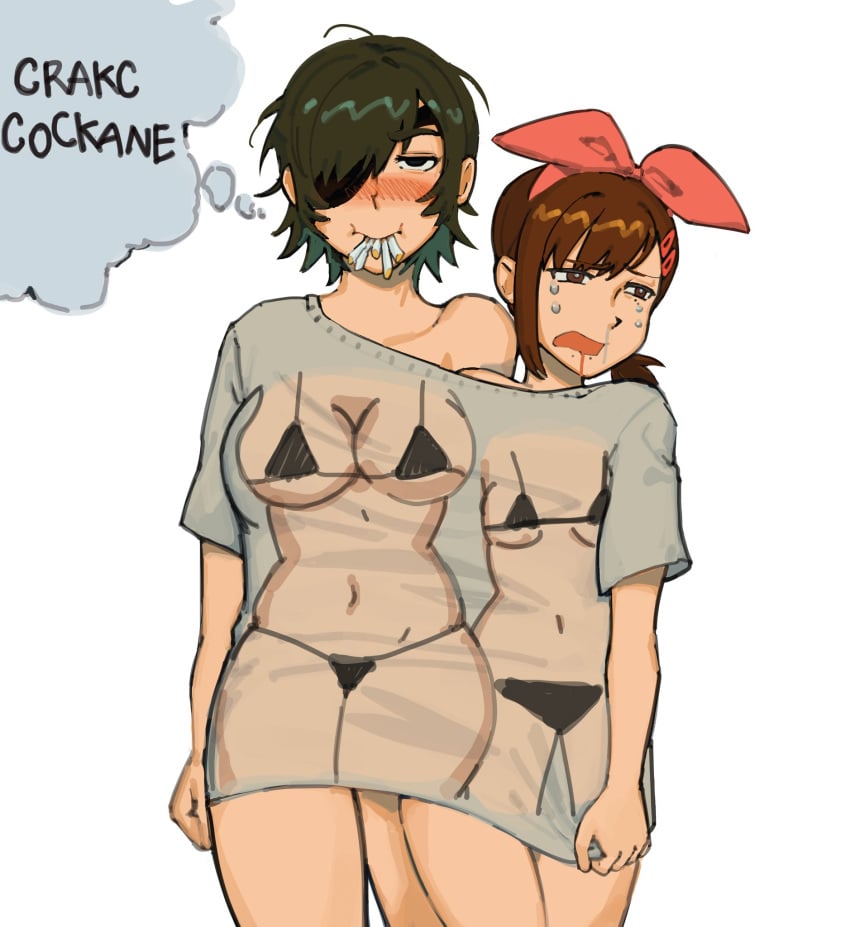 2girls big_breasts bottomless bra chainsaw_man cleavage crakc_cockaine female female_only higashiyama_kobeni himeno_(chainsaw_man) liowig mappa meme meme_clothing multiple_girls optical_illusion oversized_clothes shirt thick_thighs thought_bubble underwear yuri