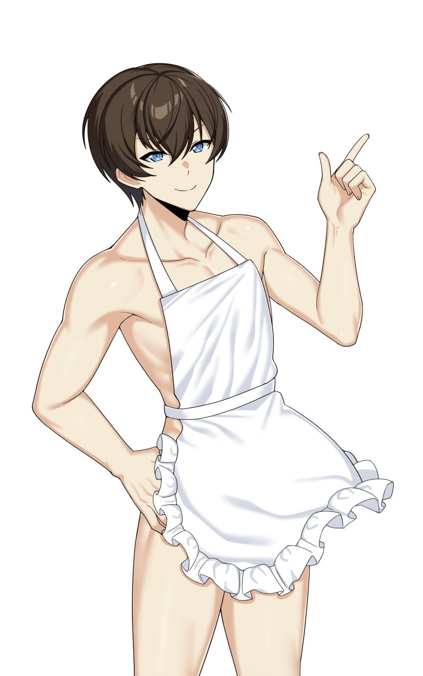 blacha_(dkskek157) blue_eyes brown_hair counter:side hand_on_hip na_yubin naked_apron naked_male no_visible_genitalia prank pretty_boy short_hair simple_background skinny smile solo_male v-sign white_background