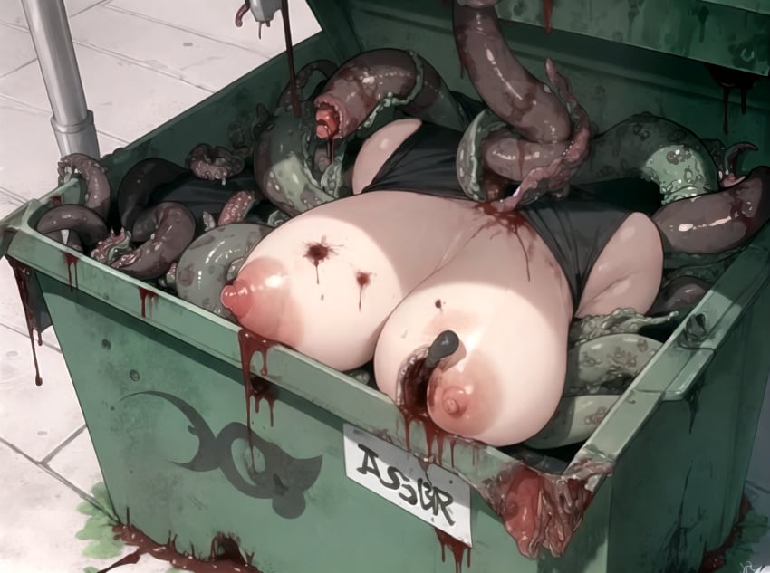 ai_generated amputee bad_end blood bloody breasts dead decapitated defeated dumpster gore guro headless huge_breasts killed nightmare_fuel self_upload tentacle trash_can worms