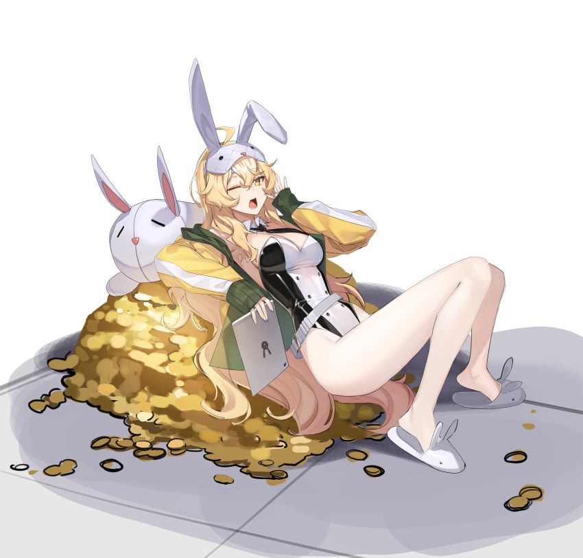 ;o ahoge animal_ears animal_slippers armpits bare_legs belt black_necktie blonde_hair breasts bunny_ears bunny_slippers bunnysuit coin commentary controlline3 counter:side detached_collar edith_twins fake_animal_ears female full_body hair_between_eyes hand_to_own_mouth highleg highleg_leotard highres holding holding_tablet_pc jacket knees_up leaning_back legs leotard long_hair long_sleeves looking_at_viewer loose_belt lying medium_breasts multicolored_clothes multicolored_jacket necktie on_back one_eye_closed open_clothes open_jacket open_mouth playboy_bunny rabbit_ears sleep_mask slippers solo strapless strapless_leotard stuffed_animal stuffed_rabbit stuffed_toy tablet_pc tears two-tone_jacket two-tone_leotard very_long_hair wavy_hair white_background wing_collar yawning yellow_eyes yellow_jacket