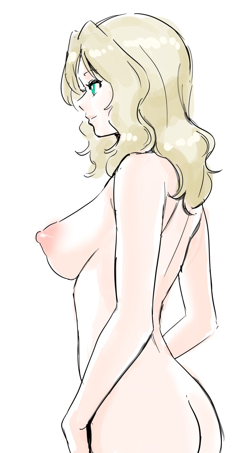 ass back blonde_hair breasts female from_side girls_und_panzer green_eyes kay_(girls_und_panzer) kuppipi_ramutarou large_breasts long_hair nipples nude open_mouth solo upper_body