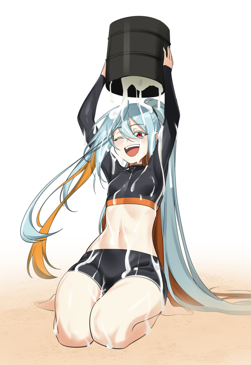 barrel blacha_(dkskek157) blue_hair counter:side cum_in_container cum_on_body cum_on_breasts cum_on_face multicolored_hair one_eye_closed orange_hair pouring_on_self red_eyes sand sigma_(counter:side) small_breasts smile swimsuit