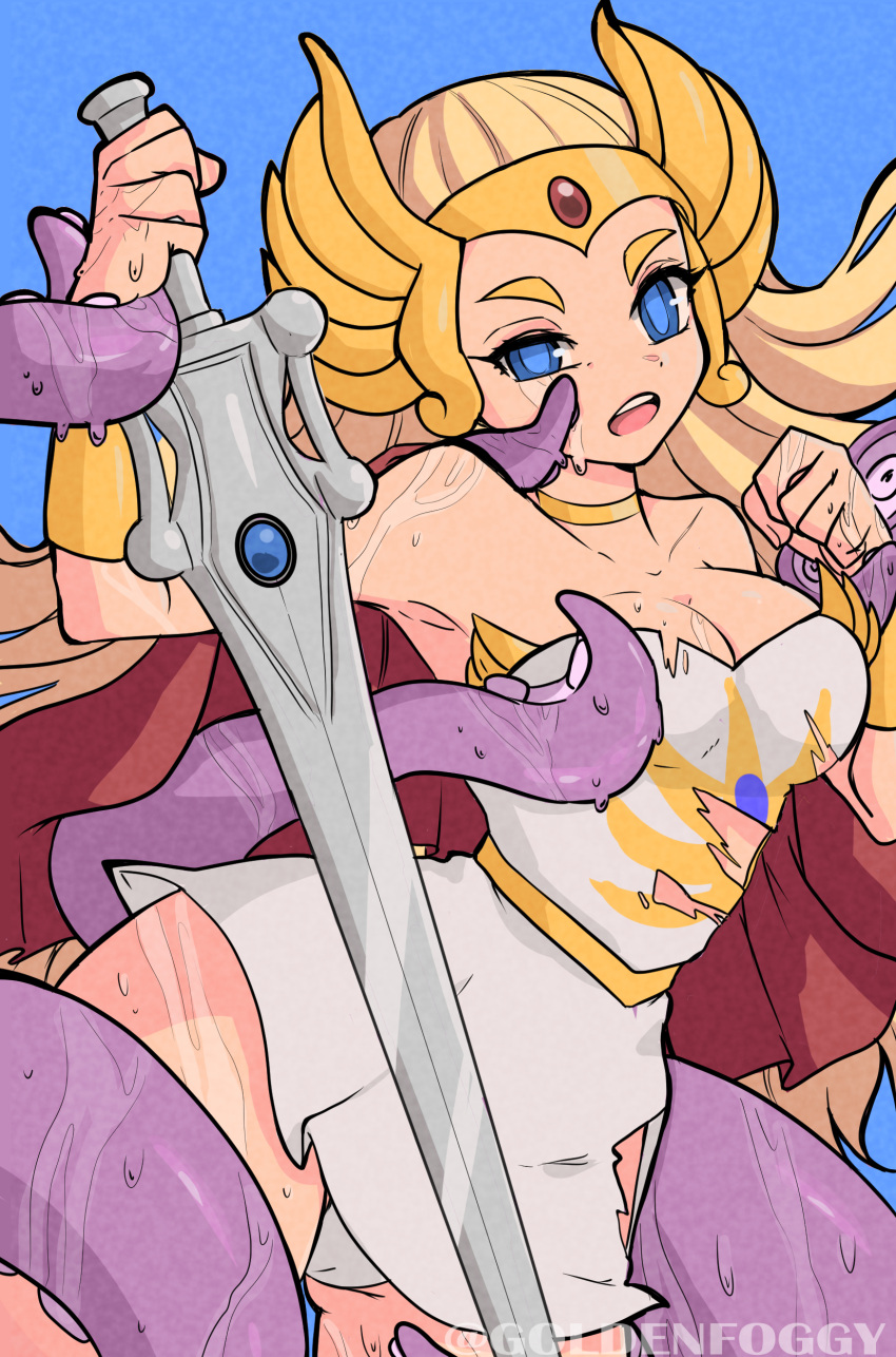 blonde_hair blue_eyes goldenfoggy panties princess_adora she-ra she-ra_princess_of_power sticky sweat sweating sword tentacle tentacle_sex torn_dress