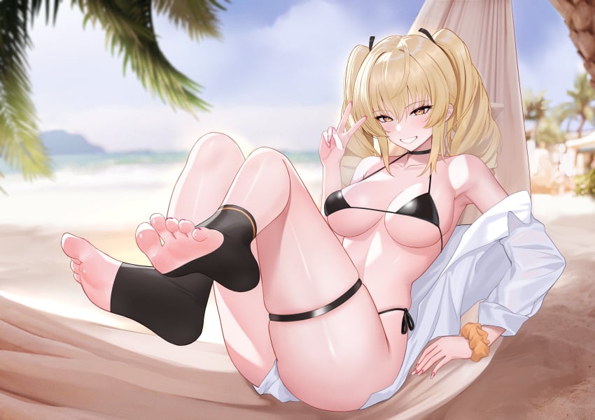 beach bikini blonde_hair female female_only fenny_golden hammock pigtails snowbreak:_containment_zone tagme