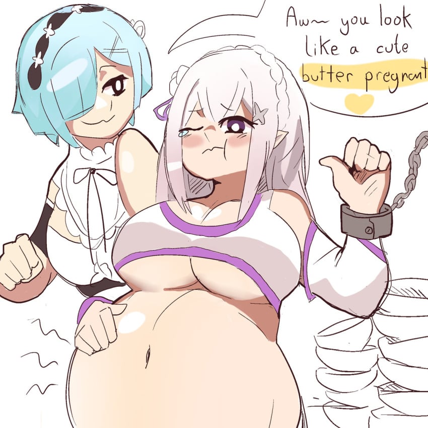 2girls big_belly bloated_belly blue_hair bondage bowl cleavage clothed clothing duharu emilia_(re:zero) female female_only femdom force_feeding forcefed handcuffs long_hair maid napolitane nausea navel overstuffed purple_eyes re:zero_kara_hajimeru_isekai_seikatsu rem_(re:zero) rumbling_stomach short_hair spelling_error stuffed_belly stuffing text white_hair