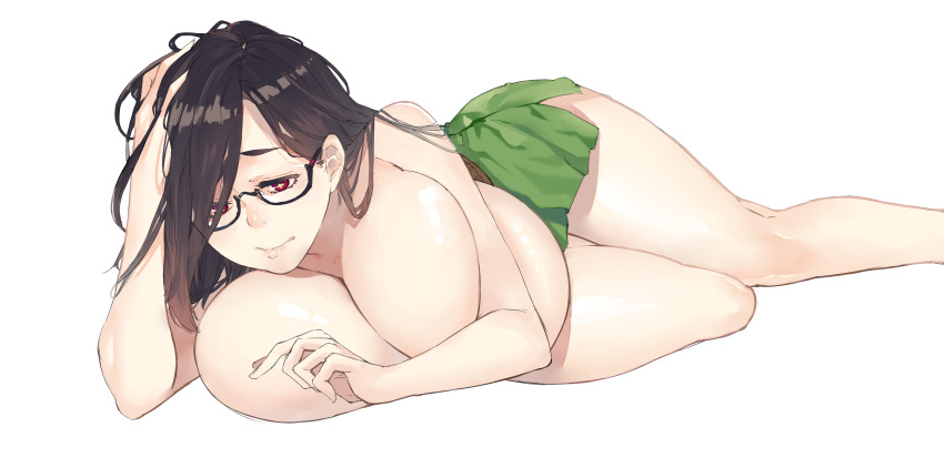 1girls black_hair breasts glasses huge_breasts laying_down muneneko red_eyes solo suika_(muneneko)