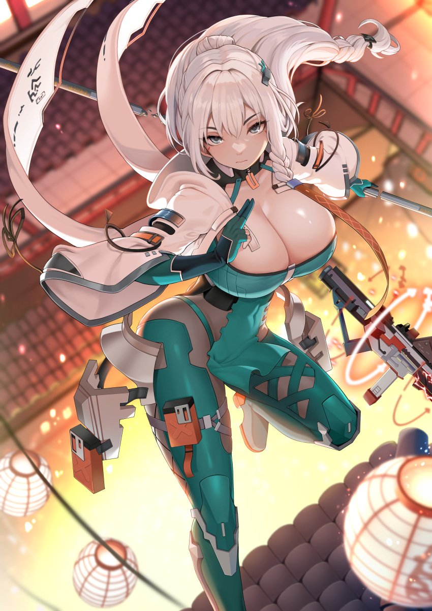 big_breasts cleavage female female_only grey_eyes gun ji_chenxing snowbreak:_containment_zone tagme white_hair