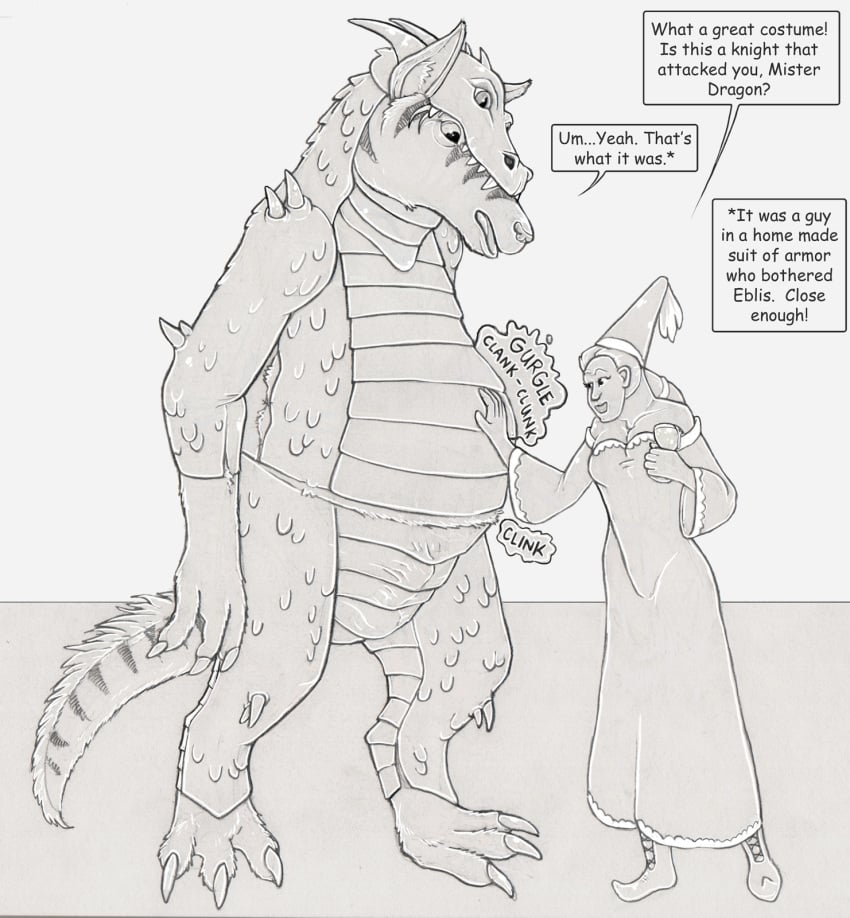 1boy 1girls 2018 anteater anthro anthro_pred bare_shoulders biped bulge claws cleavage clothed clothing costume dialogue digestion_noises dragon duo eblis english_text female full_body fully_clothed fully_inside furry_wearing_fursuit fursuit genital_outline greyscale halloween_costume hand_on_chest hi_res human larger_anthro larger_male male male/female male_pred mammal medium_breasts monochrome narration no_bra onomatopoeia penis_outline pilosan simple_background size_difference smaller_female smaller_human sound_effects speech_bubble standing story story_in_description strega text text_box vore white_background wide_sleeves witch_costume xenarthran