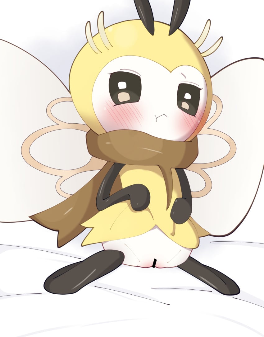 bee blush brown_eyes censored female generation_7_pokemon genitals hi_res himimi looking_at_viewer nintendo pokemon pokemon_(species) pussy ribombee solo spread_legs spreading white_body wings yellow_body