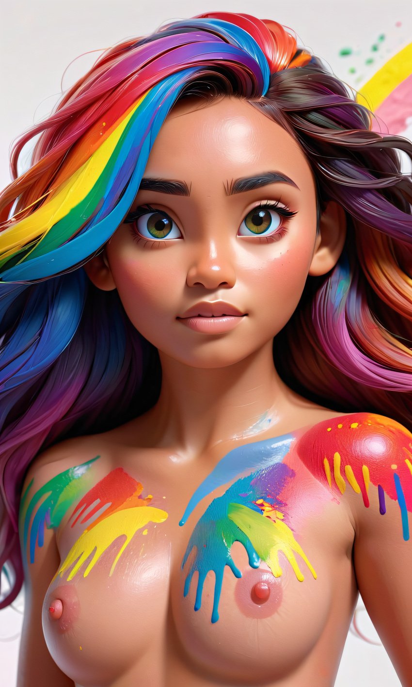 1girls ai_generated bodypaint brown_skin criss54321 disney disney_princess female female_focus female_only moana moana_waialiki multicolored_hair paint_on_body paint_on_breasts painted_body painted_breasts rainbow_hair solo_female solo_focus