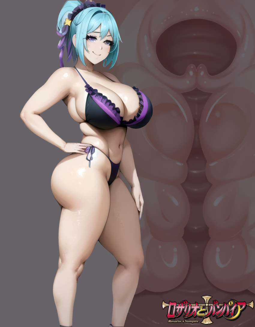 ai_generated big_ass bikini blue_hair fickjay925 hand_on_hip headband kurono_kurumu large_breasts looking_at_viewer purple_eyes rosario+vampire smiling succubus thick_thighs vagina wide_hips x-ray