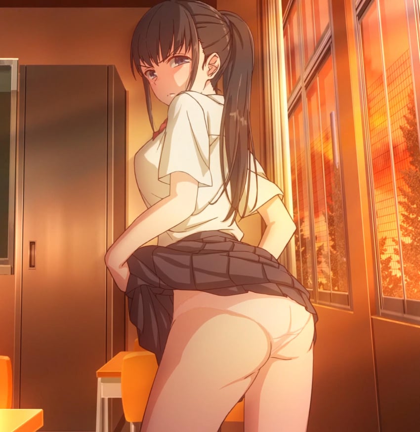 1girls ass black_hair breasts clothing iya_na_kao_sare_nagara_opantsu_misete_moraitai looking_at_viewer panties presenting screencap thick_thighs thighs